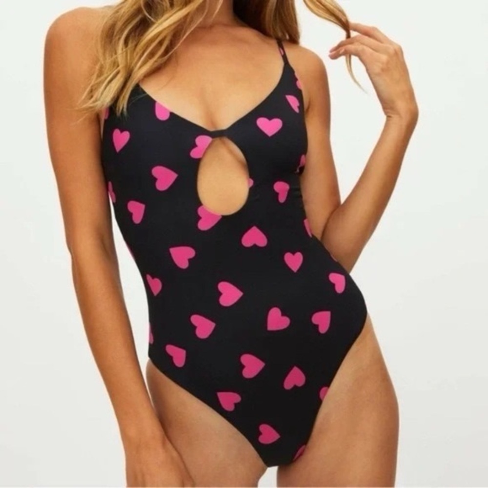 Beach Riot Black Swimsuit with Pink Hearts